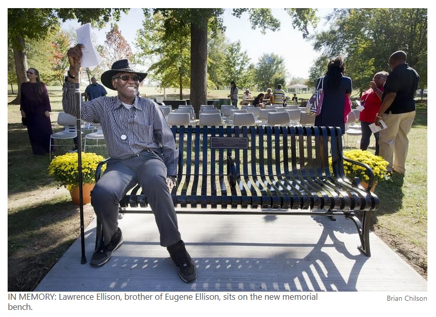 IN MEMORY: Lawrence Ellison, brother of Eugene Ellison, sits on the new memorial bench.